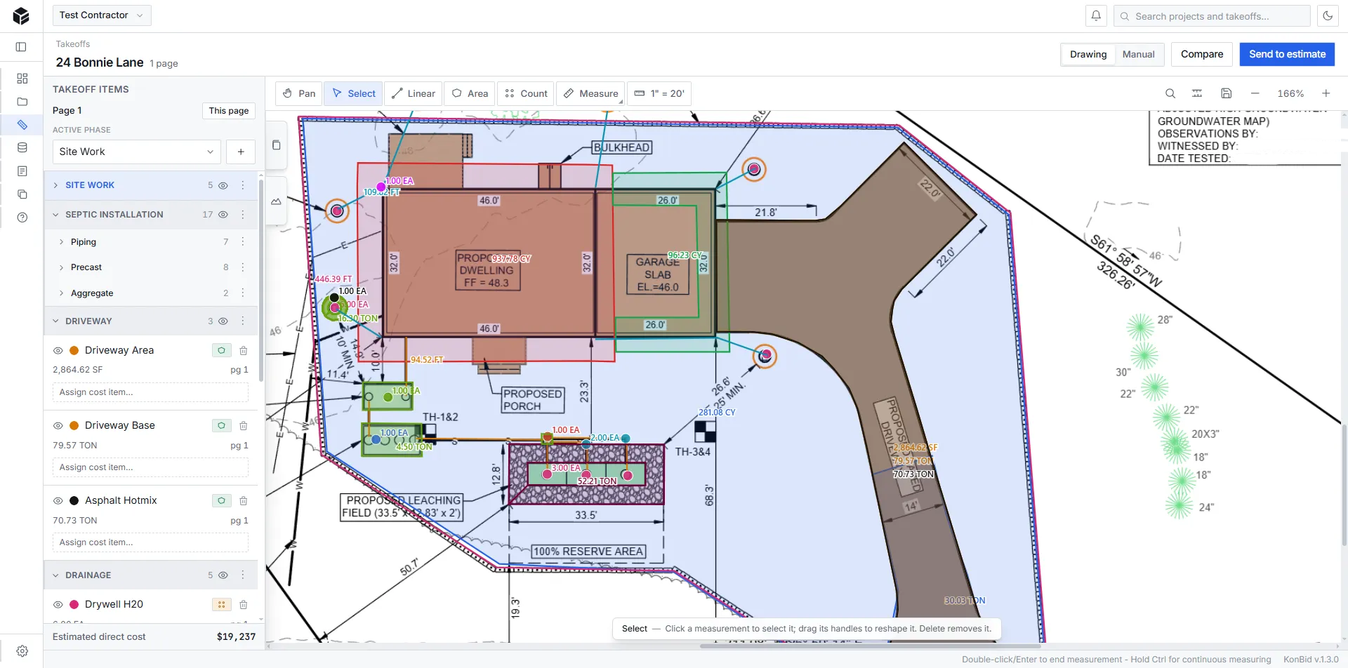 KonBid digital takeoff workspace measuring a site plan
